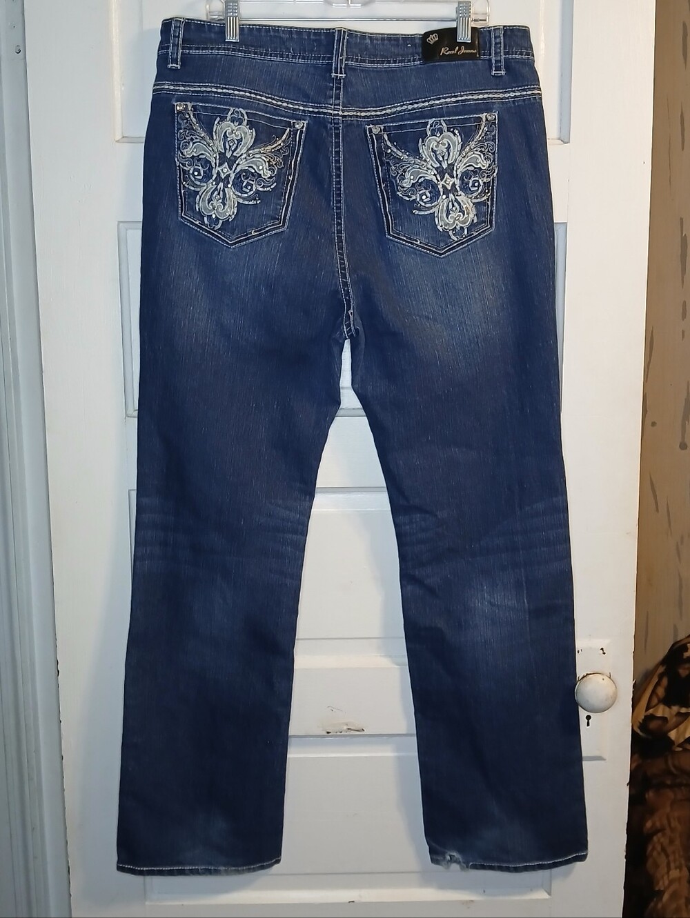Real Jeans Fleur De Lis Bootcut Jeans Women’s Size 19 Blue Stretch Embellished